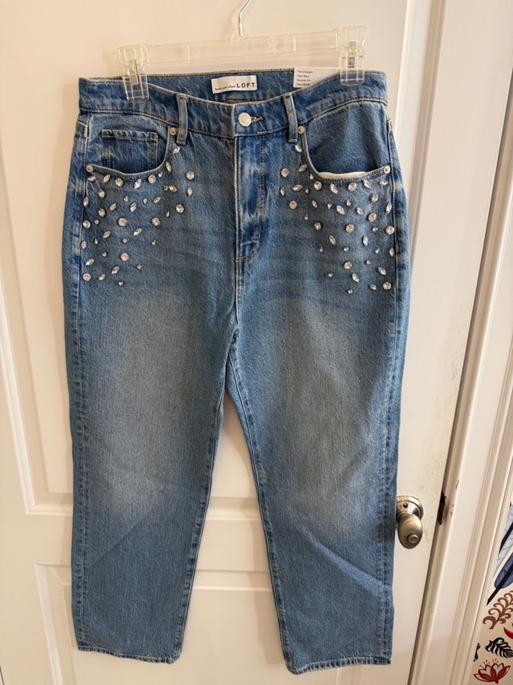 LOFT Light Blue Straight-Leg Jeans with Crystal Embellishments